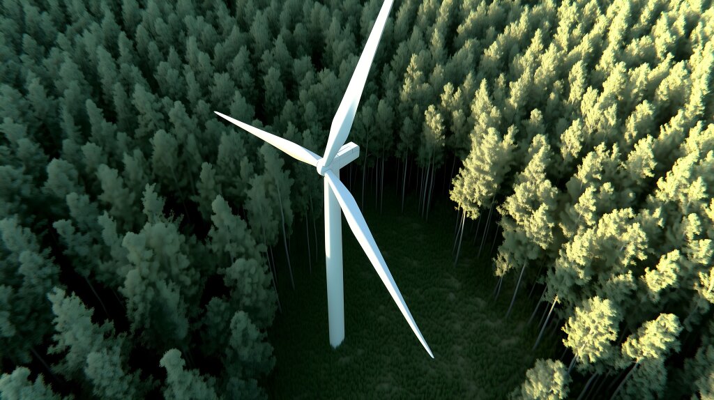 Moderne Windkraftanlage inmitten eines dichten Waldes