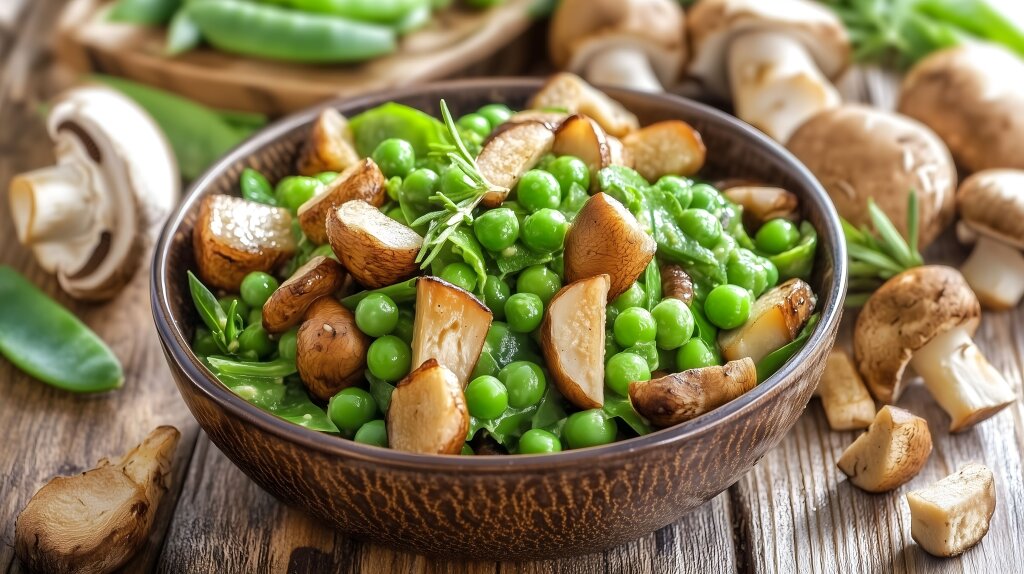 Frischer Salat mit grünen Erbsen und gerösteten Pilzen in einer Schüsse