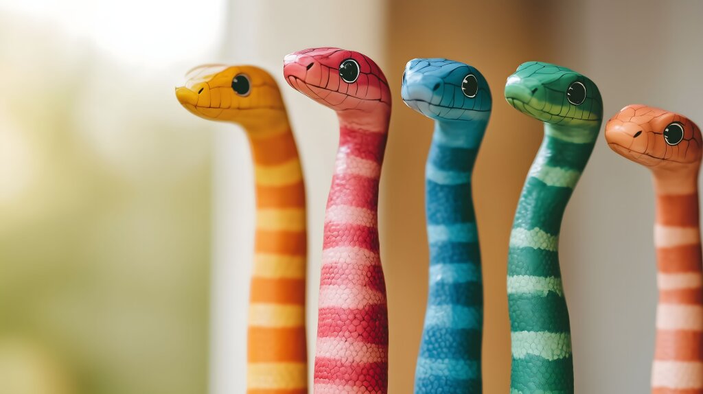 Fünf bunte Spielzeugschlangen in verschiedenen Farben