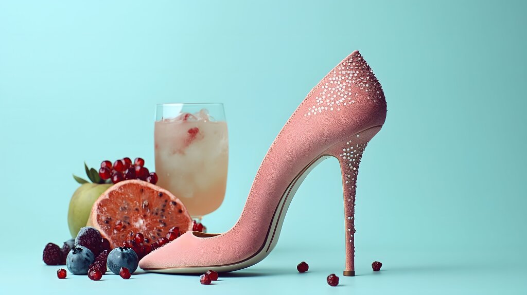 Eleganter rosa High Heel mit Früchten und Getränk