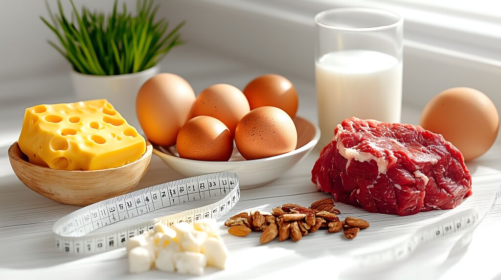 Proteinreiche Lebensmittel: Eine Auswahl an Fleisch, Käse, Eiern und Nüssen