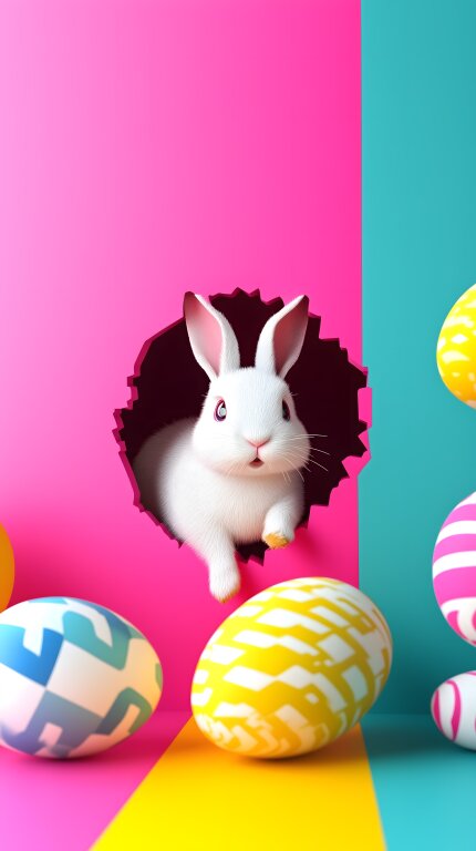 Osterhase schaut aus einem Loch zwischen bunten Ostereiern