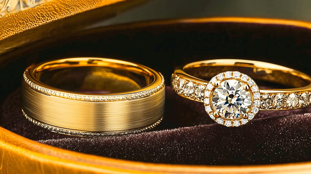 Goldene Eheringe in edler Schatulle mit Diamanten
