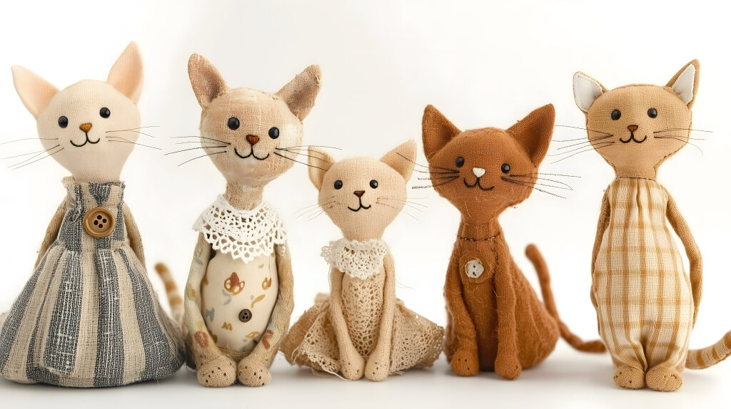 Handgemachte Katzenpuppen mit Mustern