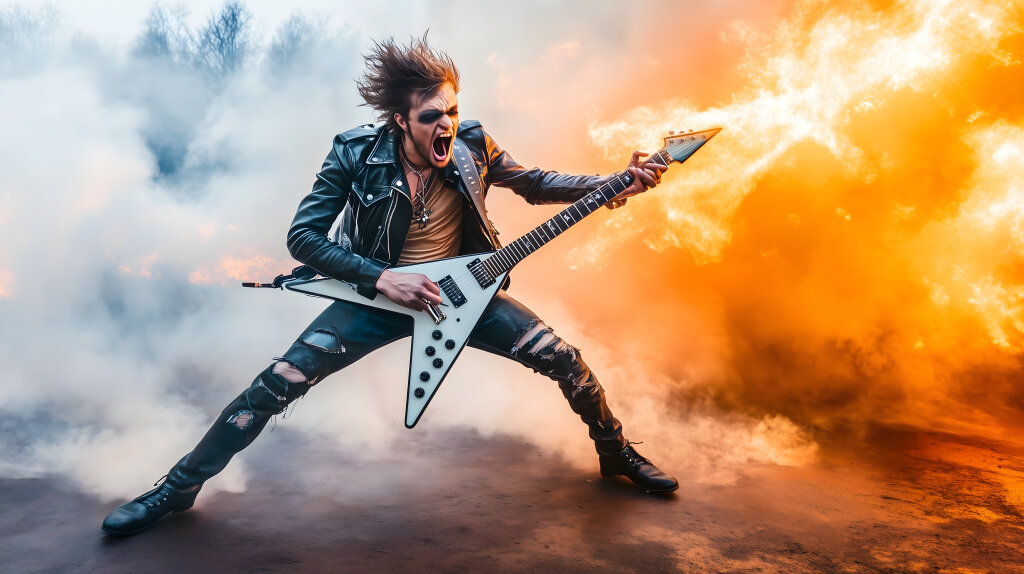 Rockmusiker mit Gitarre vor Flammen