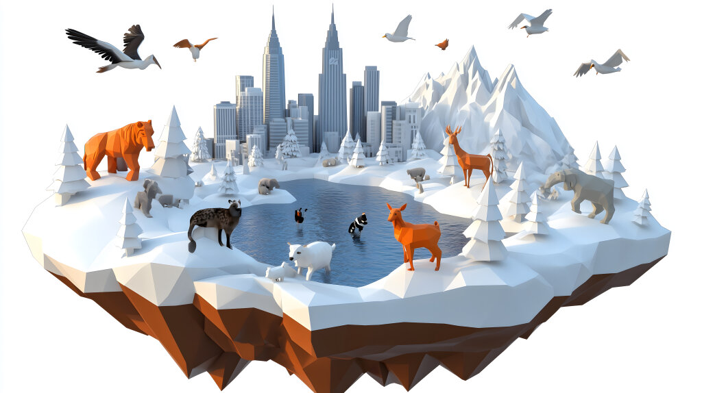 Schneelandschaft mit Tieren und Stadt im Hintergrund