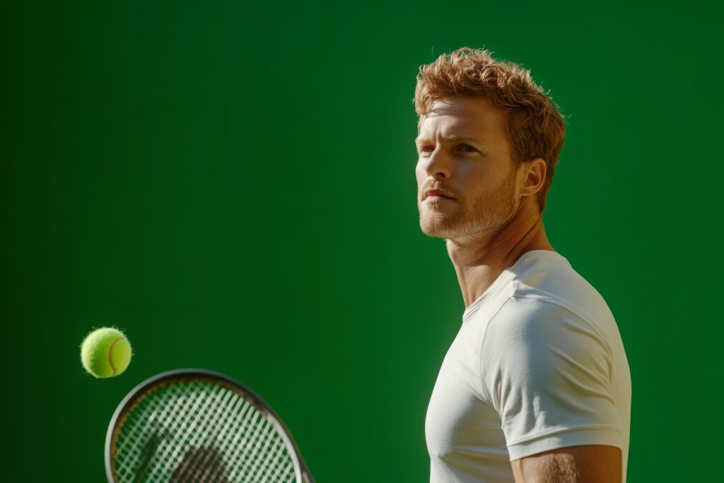 Tennisspieler vor grünen Hintergrund