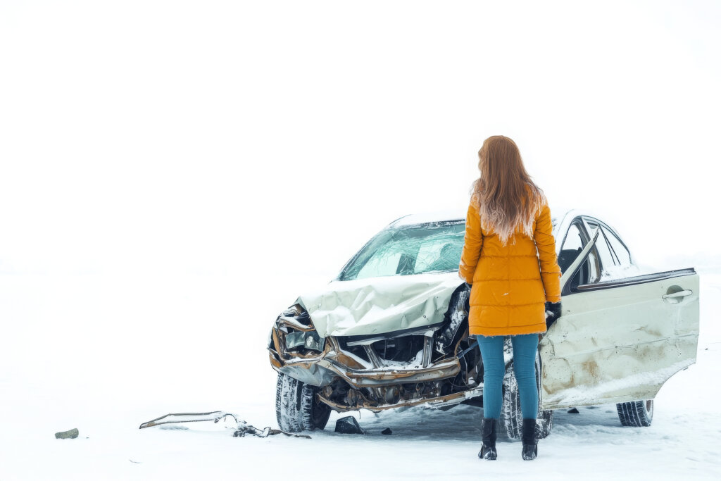 Frau neben verunfalltem Auto im Schnee