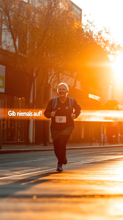 Motivationsspruch "Gib niemals auf!" auf Whatsapp: Ältere Läuferin beim Marathon