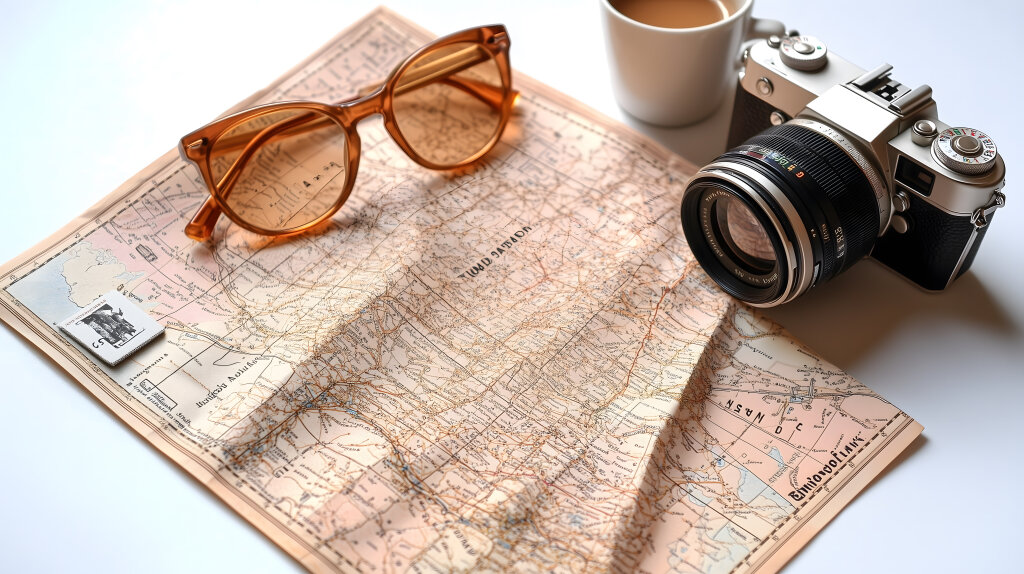 Roadtrip Essentials mit Karte, Kamera und Brille