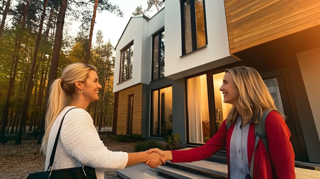 Immobilienmakler und Kunde schütteln sich die Hände vor einem modernen Haus