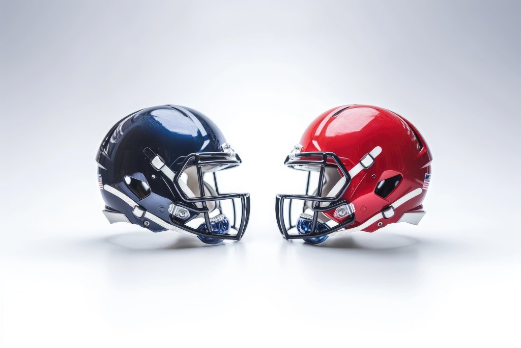 roter und blauer Footballhelm auf weißen Hintergrund