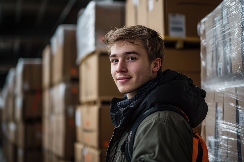 Junger Mann vor vielen Paketen