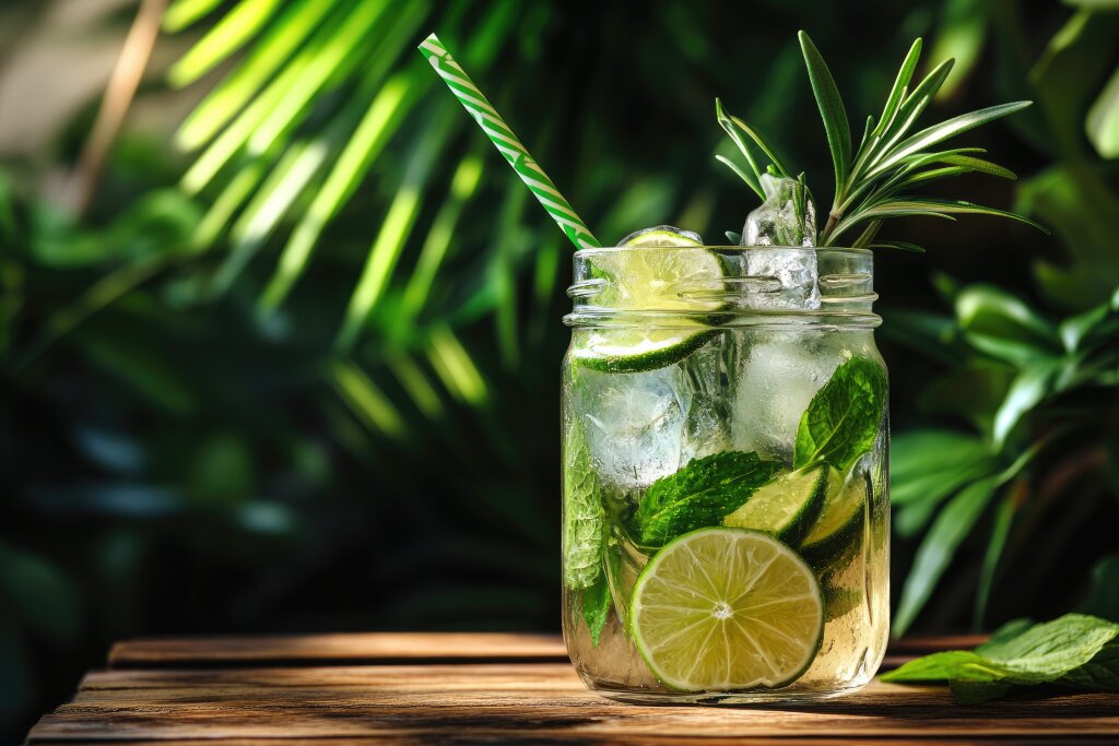 Rustikales Glas mit erfrischendem Mojito-Cocktail