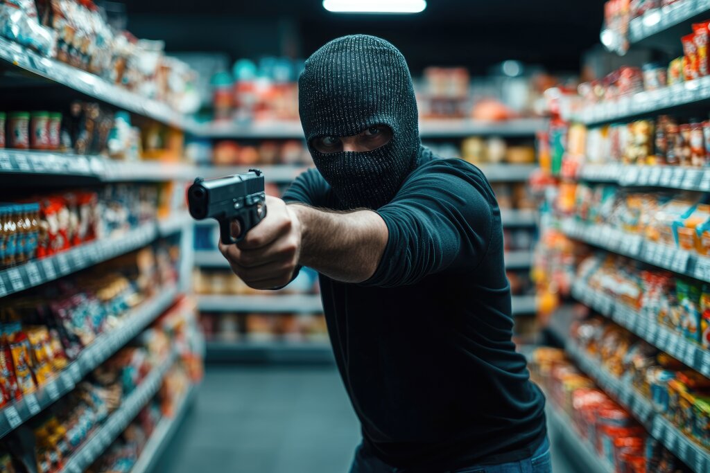 Maskierter Krimineller beim Überfall eines Supermarkts