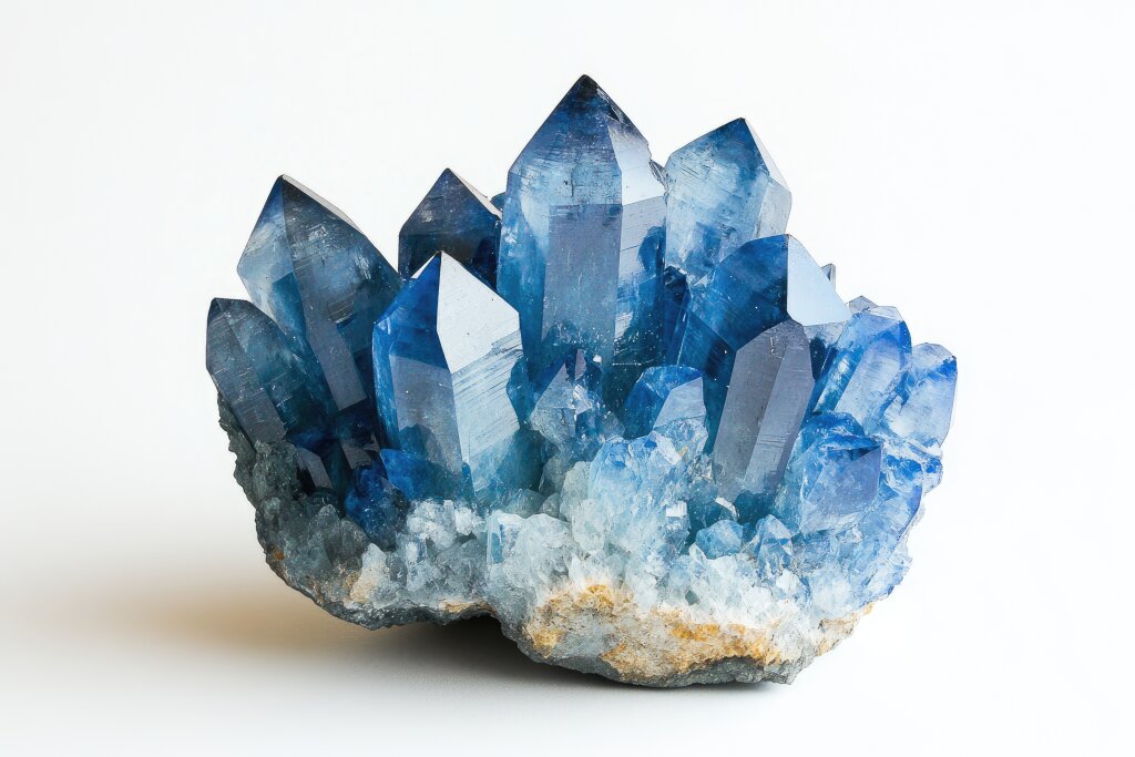 Blauer Kristallcluster auf weißem Hintergrund