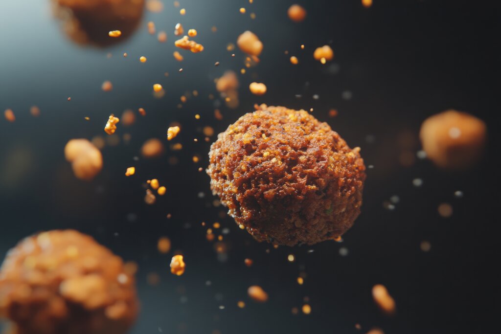 Nahaufnahme von Falafel mit Gewürzen in Bewegung