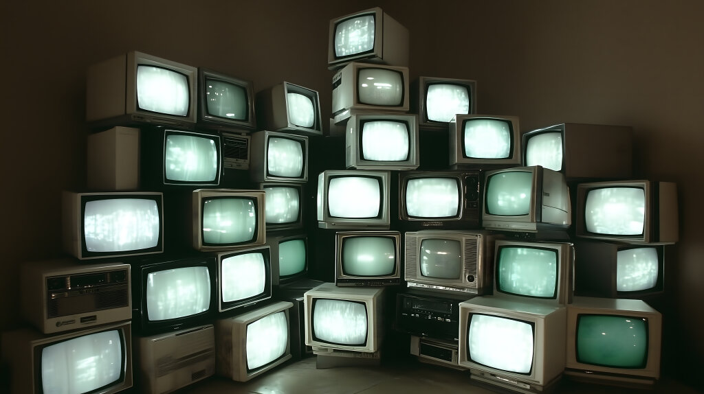 Alte Röhrenfernseher mit Bildstörungen chaotisch gestapelt im Retro Look