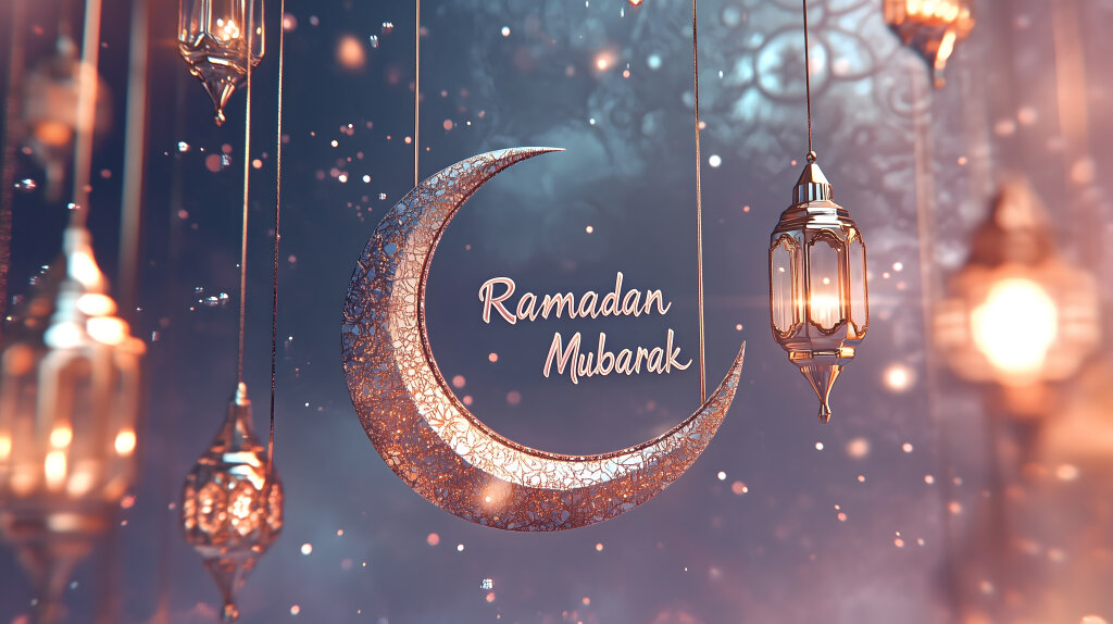 Ramadan Mubarak Grußkarte mit Halbmond und Laternen