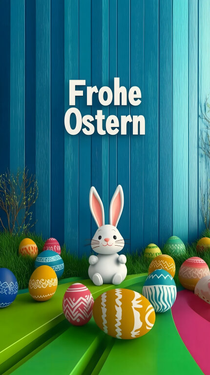 Frohe Ostern mit Osterhase und bunten Ostereiern