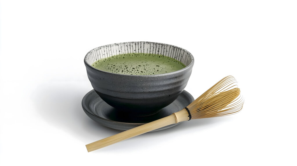Grüner Matcha-Tee in traditioneller japanischer Schale mit Bambusbesen