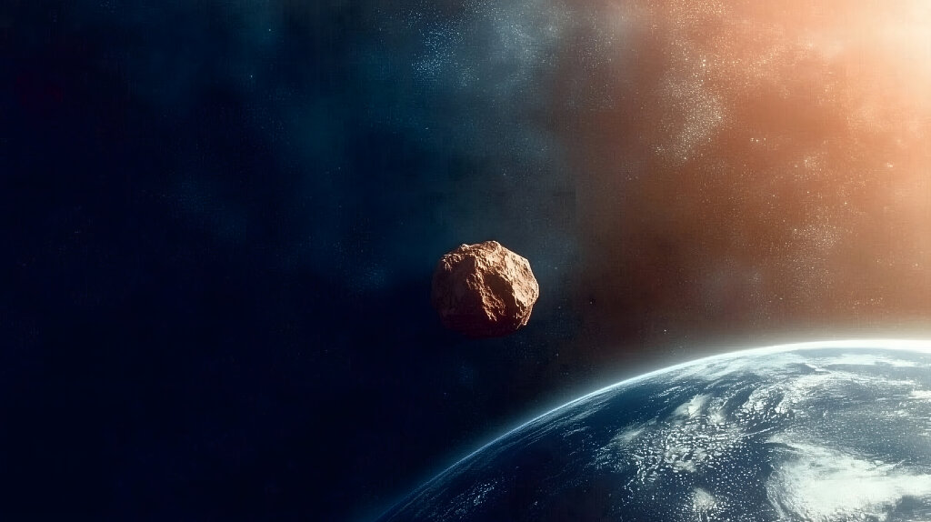 Asteroid nähert sich der Erde im Weltraum mit Sonnenlicht
