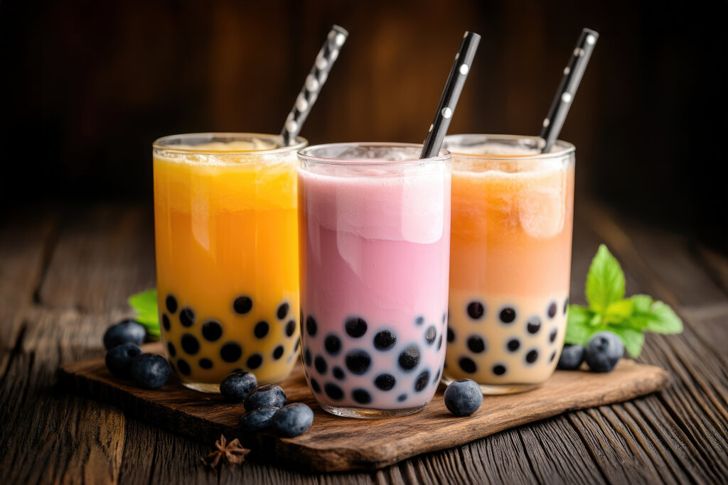 Frische Boba Bubble Tea Gläser auf Holz-Hintergrund