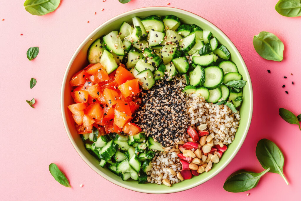Vegane Buddha- oder Poke-Bowl mit Buchweizen, Gemüse und Samen