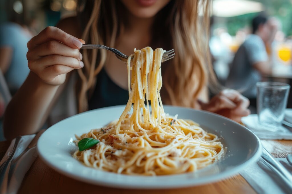 Junge Frau isst leckere Pasta im Café