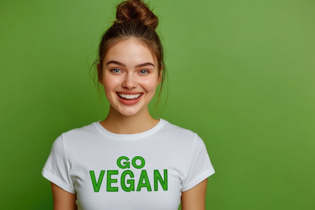 Junge Frau mit "Go Vegan"-Shirt