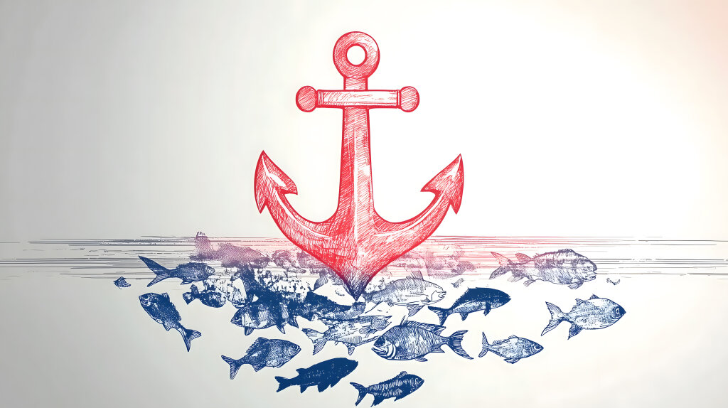Gezeichneter Anker mit Fischen auf heller Oberfläche