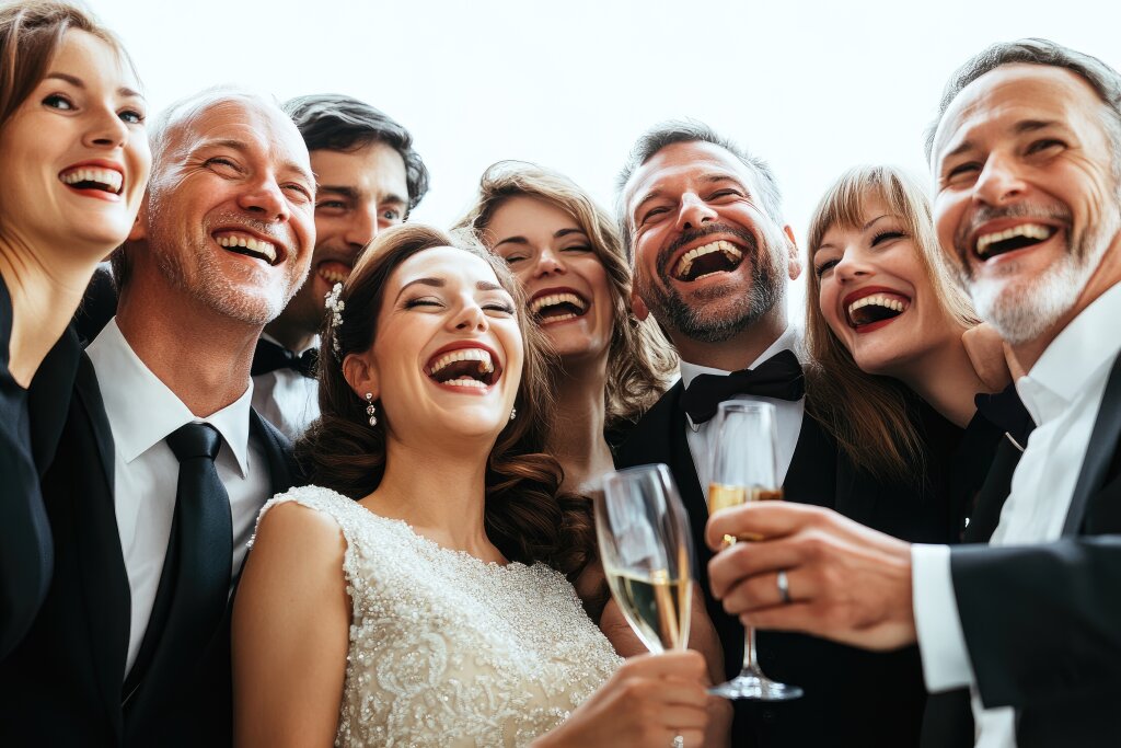 Lachende Hochzeitsgesellschaft