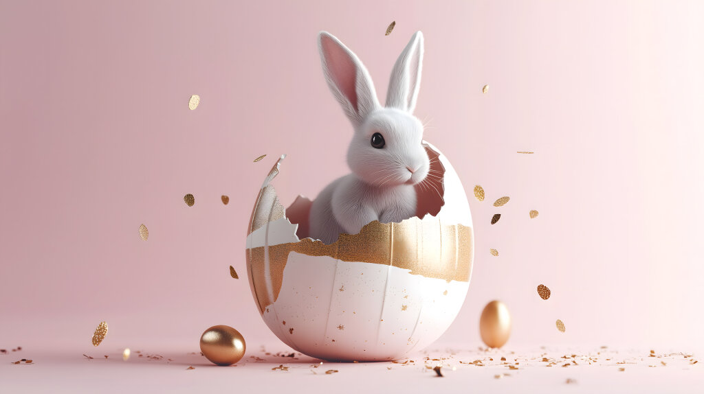 Osterhase schlüpft aus pastellfarbenem Osterei
