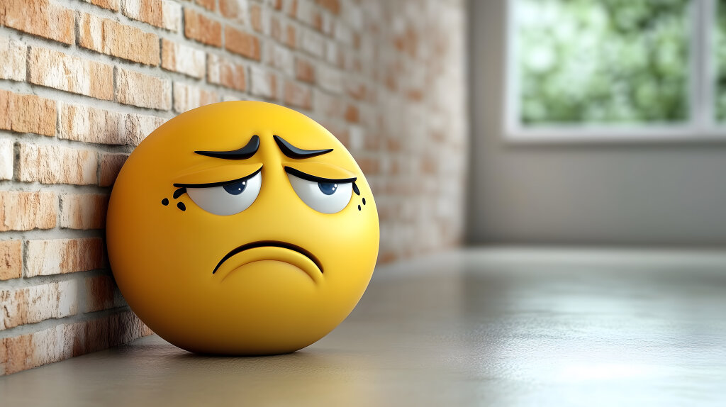 Trauriger Emoji mit nachdenklichem Blick an der Wand