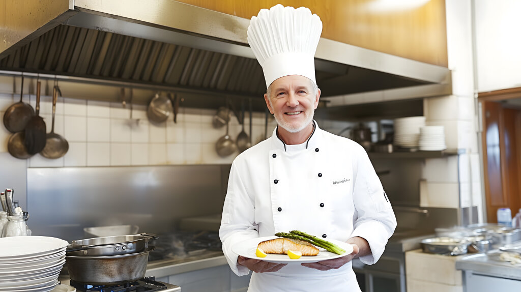 Erfahrene Koch in professioneller Restaurantküche mit Gourmetgericht