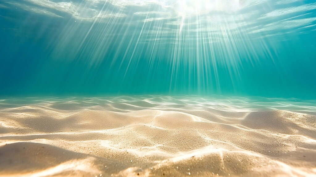 Unterwasserwelt mit Sonnenstrahlen auf Sandboden