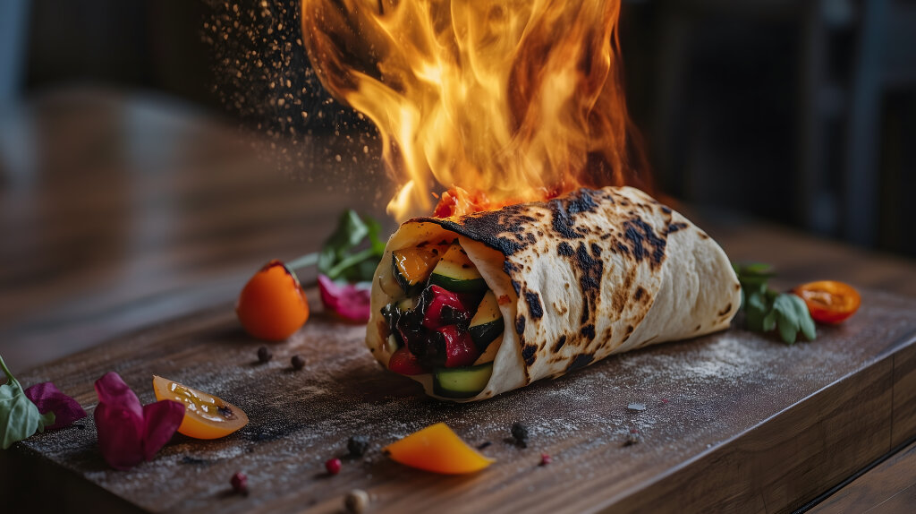 Brennender Burrito mit Gemüsefüllung