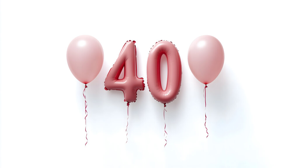 40. Geburtstag als rosa Ballons mit Helium auf weißem Hintergrund