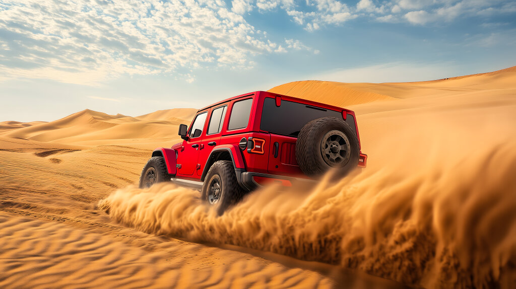 Roter Jeep fährt durch die Wüste und wirbelt Sand auf