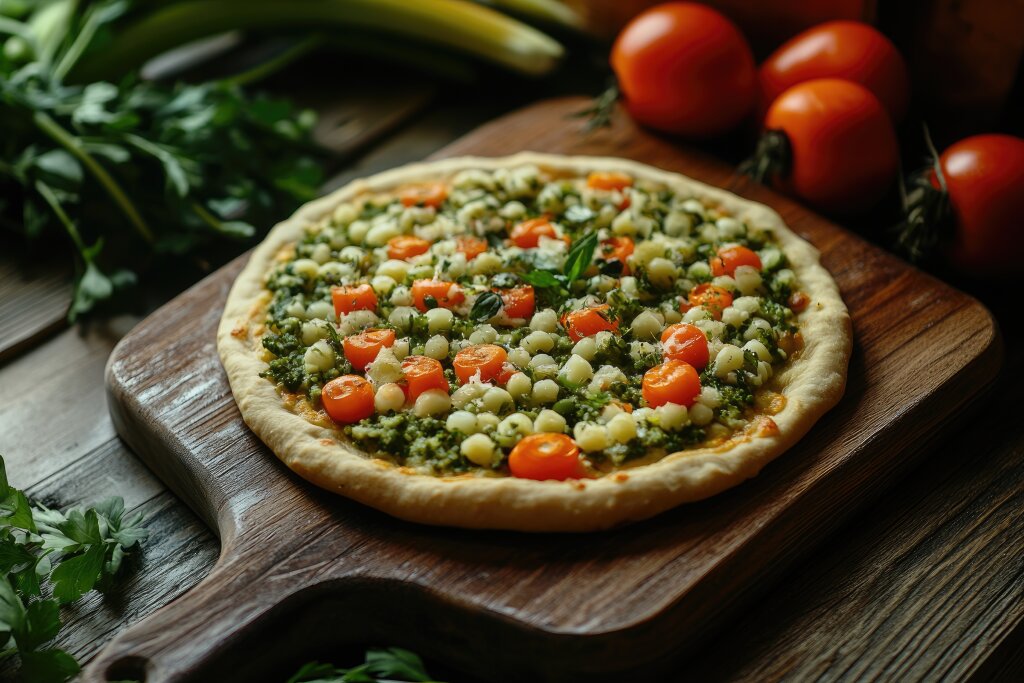 Vegetarische Pizza auf Holzbrett