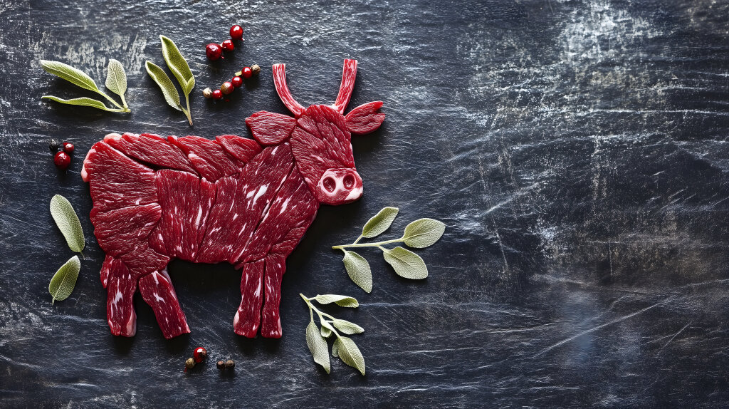 Kunstvolle Darstellung von Rindfleisch in Form einer Kuh auf dunklem Untergrund