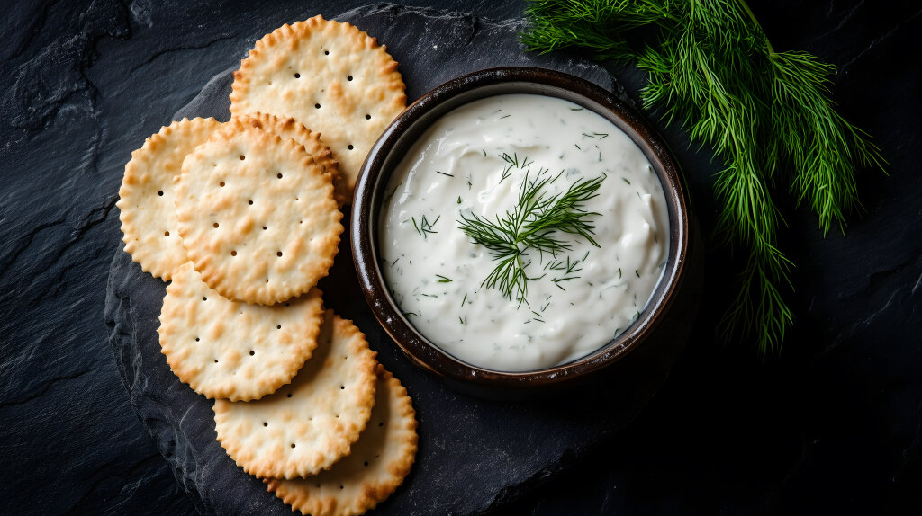 Frischkäse mit Dill und Crackern