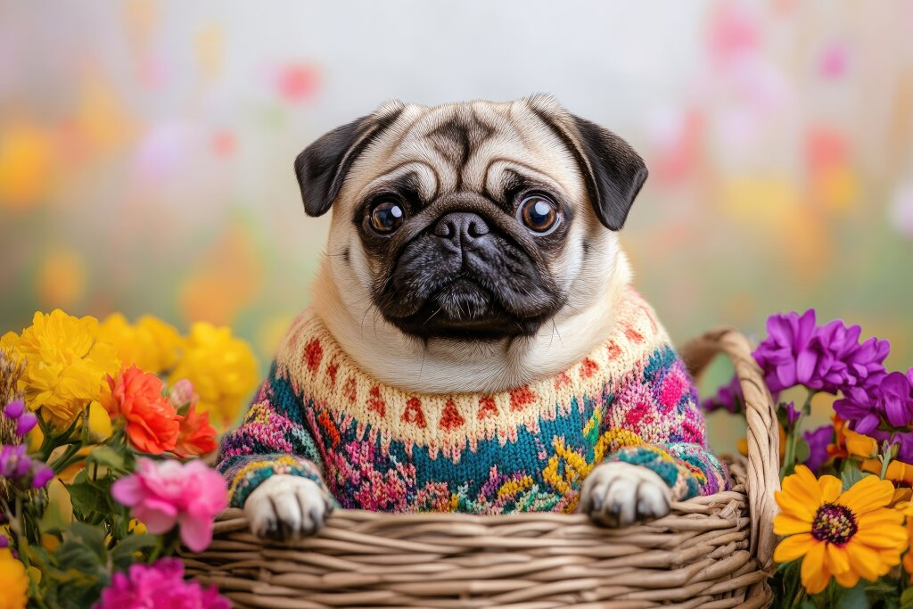 Niedlicher Mops mit buntem Strickpullover zwischen Blumen