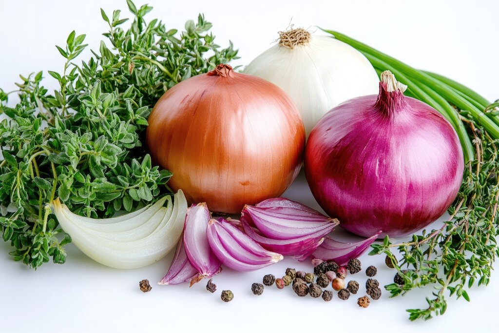 Frische Zwiebeln und Kräuter auf weißem Hintergrund