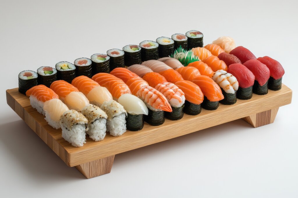Frisches Sushi auf einem Holztablett