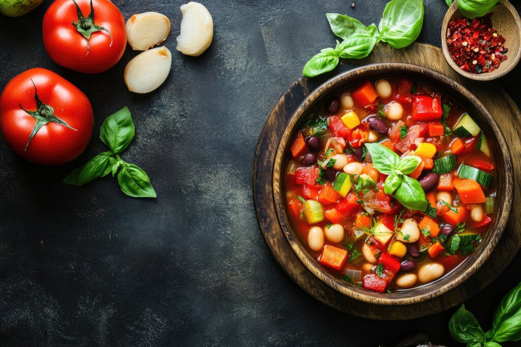 Minestrone-Suppe mit Tomaten, Knoblauch und Basilikum