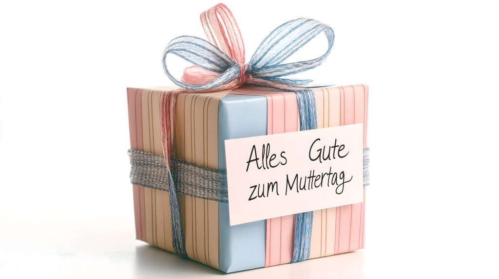 Geschenk zum Muttertag mit Schleife und Karte mit Aufschrift „Alles Gute zum Muttertag“