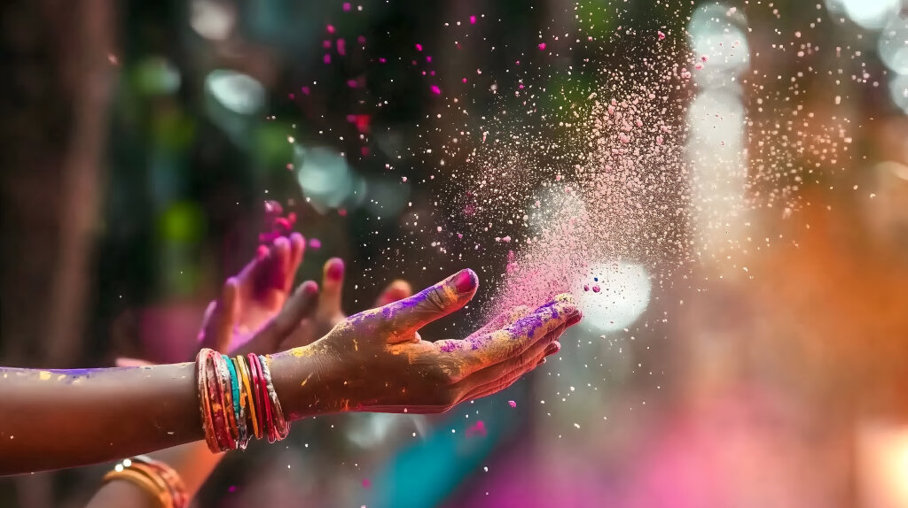 Hände werfen Holi Pulver in der Luft: farbenfrohes Fest in Indien