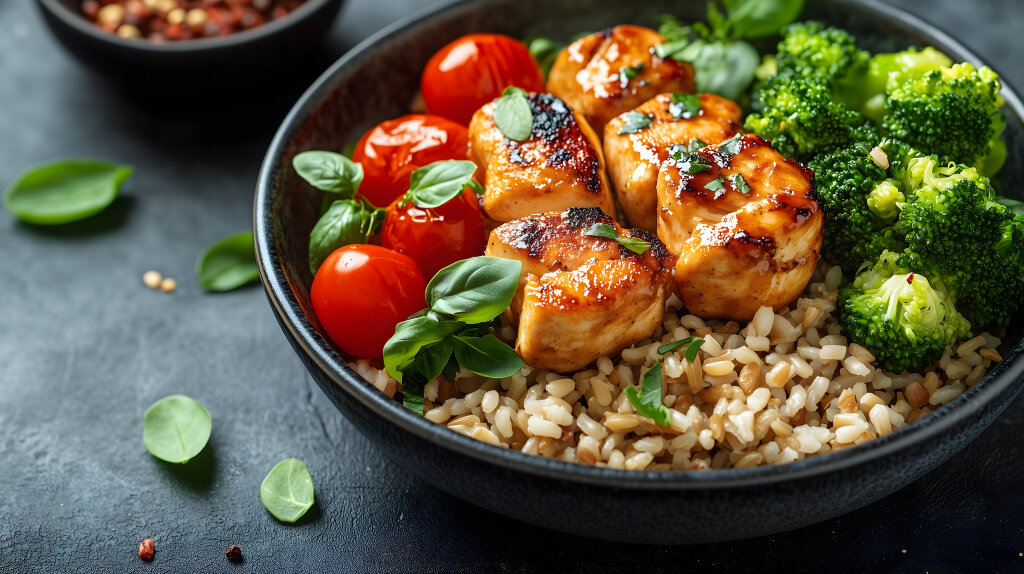 Gesunde Bowl mit gegrilltem Hähnchen, Reis, Brokkoli und Tomaten