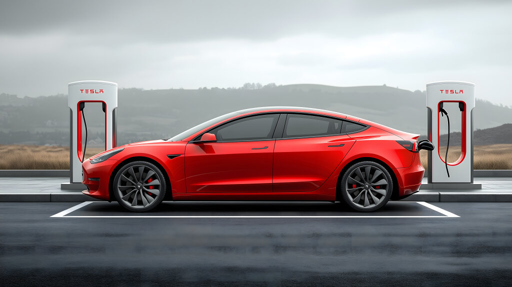 Tesla Elektroauto an moderner Ladestation – nachhaltige Mobilität der Zukunft